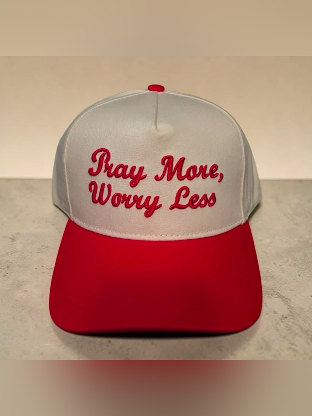 Pray More, Worry Less Two-Tone Trucker Hat - Cream & Red
